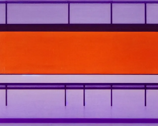 Prompt: purple Japanese city in the distant future. Rain on glass, neon signs, empty. a Rothko painting. three horizontal rectangles. one is yellow, one is red, one is light orange. The red one is the thinnest and has several thin yellow lines running through it with a peak in the middle. The city is seen in high resolution and detail. Impossible sense of scale and depth, bright lights, rain, purple. Future city.