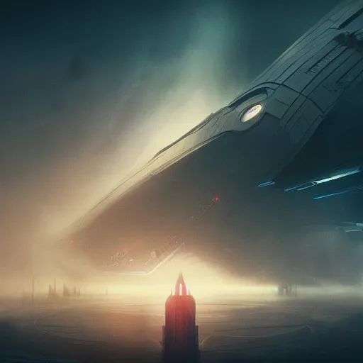 Image similar to cinematic view, giant futuristic cyberpunk spacecraft with small character silhouette in the foreground, blade runner, dense fog, bloom, cinematic lighting, ultra detailed, trending on artstation, dune style, mid tone, denis villeneuve