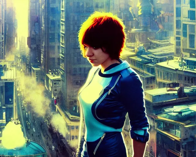 Image similar to 2 0 1 0 scott pilgrim vs. the world movie still girl look at the cityscape from roof perfect face fine realistic face pretty face reflective polymer suit tight neon puffy jacket blue futuristic sci - fi elegant by denis villeneuve tom anders zorn hans dragan bibin thoma greg rutkowski ismail inceoglu illustrated sand storm alphonse mucha