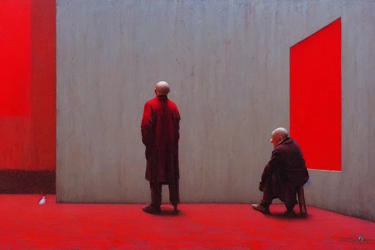 Image similar to only with red, a red old man try to sell a portrait, a crowd cheering, in a city square, in the style of beksinski, parts by edward hopper, parts by rodcenko, parts by yue minjun, intricate and epic composition, red by caravaggio, insanely quality, highly detailed, masterpiece, red light, artstation, 4 k