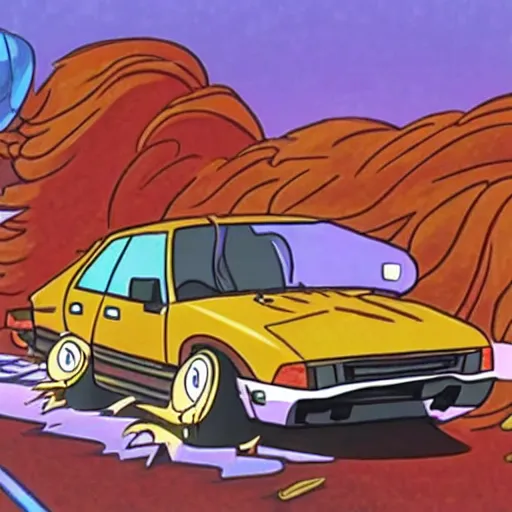 Image similar to scooby doo professionally drifting a nissan pulsar through windy roads in the hills, drawn anime style