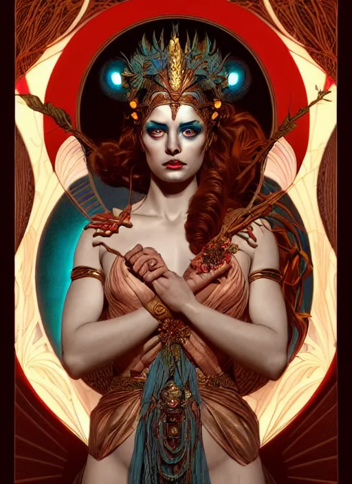 Image similar to the goddess hera looking angry wearing a paper tunic, glowing eyes, volumetric lights, red and cyan theme, art nouveau botanicals, intricate, highly detailed, digital painting, artstation, concept art, smooth, sharp focus, symmetric face, illustration, art by artgerm and greg rutkowski and alphonse mucha