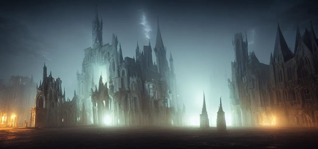 Prompt: view of an abandoned gothic city at night, lightning, glowing fog, castles, cinematic lighting, ultra detailed, sharp, ambient occlusion, raytracing, by greg rutowski, paul chadeisson and jessica rossier