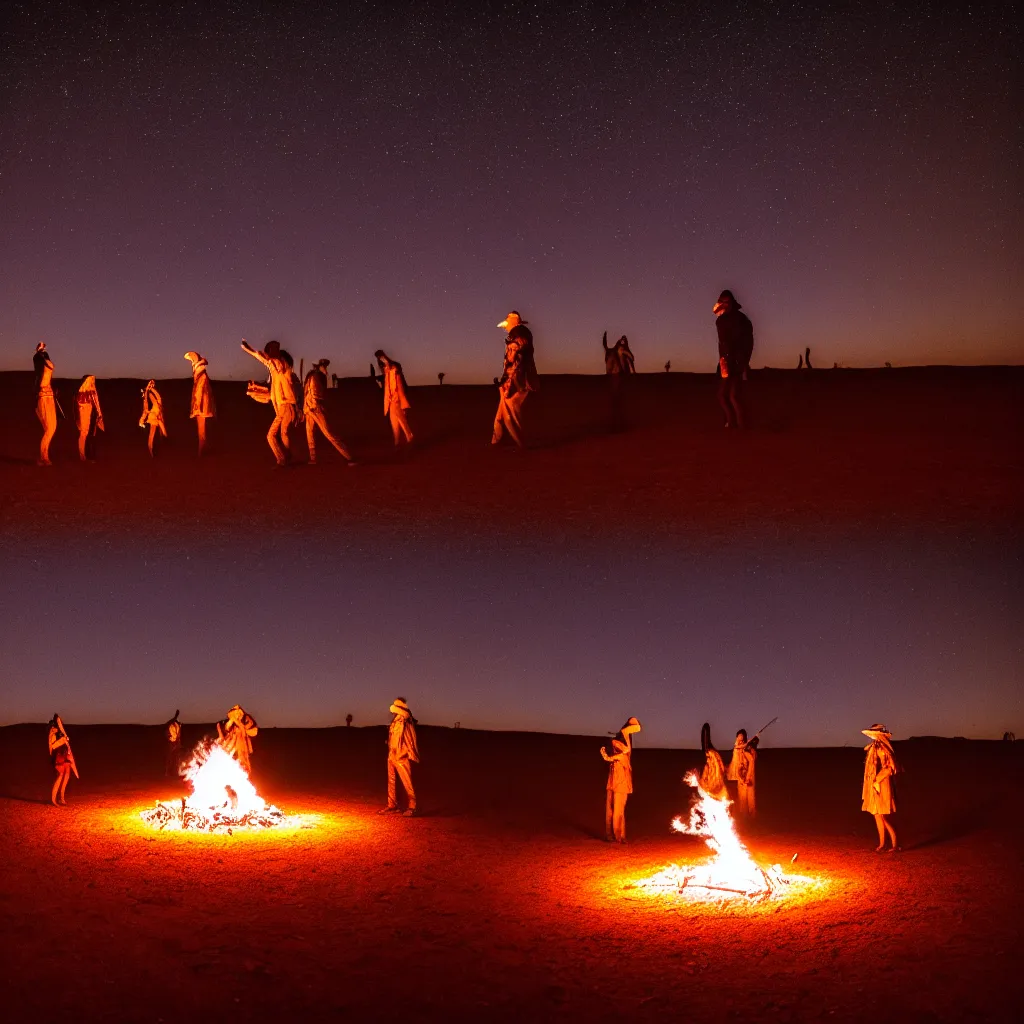 Image similar to atmospheric long exposure night photograph of three ravers, two men, one woman, woman is in a trenchcoat, blessing the soil at night, people facing fire circle, two aboriginal elders, dancefloor kismet, diverse costumes, clean composition, starlight bokeh, desert transition area, bonfire, atmospheric night, australian desert, symmetry, sony a 7 r