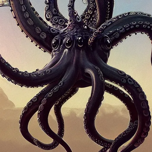 Prompt: a painting of a giant octopus with chains on it's back, an ultrafine detailed painting by wayne barlowe, trending on zbrush central, sots art, lovecraftian, cosmic horror, concept art