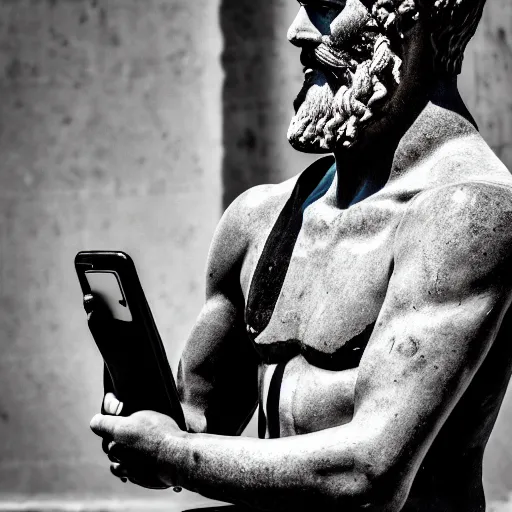 Prompt: photography portrait of a spartan holding a cell phone, ancient greece, leica 1 0 0 mm f 0. 8