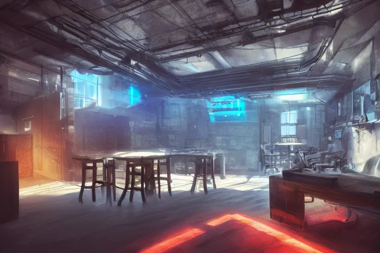Prompt: Digital concept interior design in style of Hiromasa Ogura and Josan Gonzalez of cyberpunk tavern with stone walls and neon lights, a lot of electronics, many details. Natural white sunlight from the transperient roof. Rendered in VRAY and DaVinci Resolve and MAXWELL and LUMION 3D, Volumetric natural light