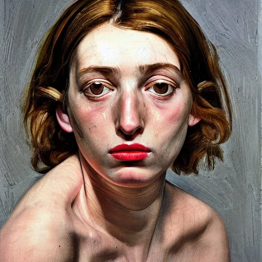 Prompt: high quality high detail painting by lucian freud, hd, girl portrait black eye shadows, photorealistic lighting