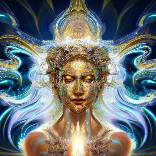 Image similar to highly detailed digital painting of a beautiful goddess by wlop, bright light emerging from her eyes, wearing a mask, sculpted in white opalescent marble, with lots of thin ornaments, disolving with a luminous background, curves and chaotic fractal art inlays, intricate, 8 k, golden aura, cinematic light, background atmospheric effects, sparkles, light rays