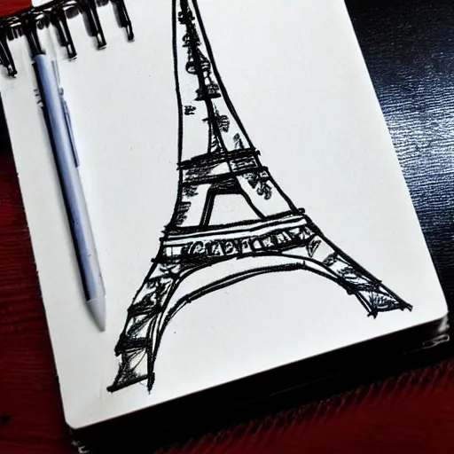Image similar to the eiffel tower sketched on a notebook