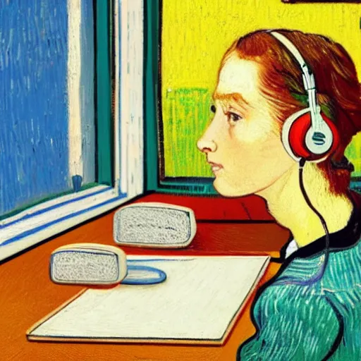 Image similar to Sideview of a girl sitting at her desk wearing headphones in front of a big window, in the style of a Van Gogh Painting