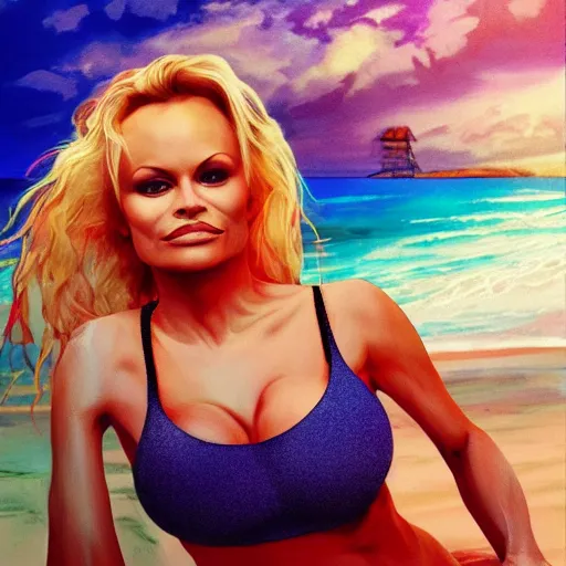 Image similar to surreal pamela anderson on baywatch beachside in chromatic distortions in mysterious place, beautiful, psychedelic, lsd, trending on artstation, artwork by Tran, Ross