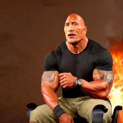 Prompt: dwayne johnson sitting in a chair while everything burns around him