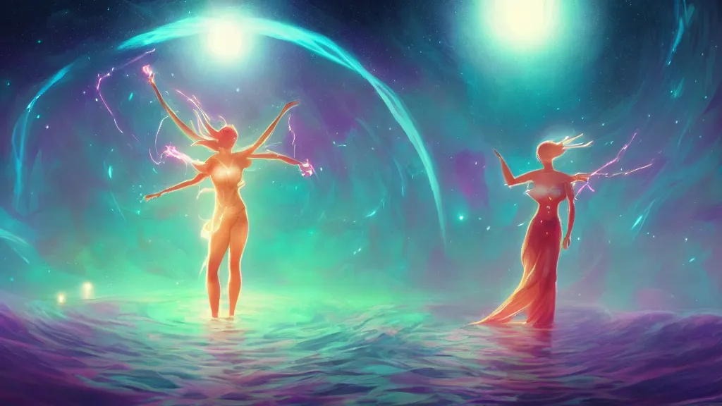 Prompt: a beautiful whimsical goddess floating above a lake basking in the moonlight, firebending, underneath a multi-colored binary blackhole with an accretion disc, glowing trails following her arms, synthwave, by Lois van Baarle, by Greg Rutkowski, by artgerm, by beeple, by studio ghibli, cinematic angle, volumetric lighting, 4k resolution, octane render, trending on artstation, masterpiece