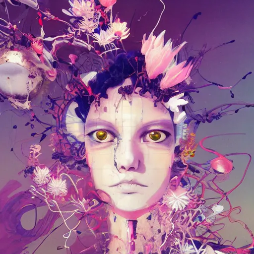 Image similar to surreal gouache painting, by yoshitaka amano, by ruan jia, by conrad roset, by kilian eng, by good smile company, detailed anime 3 d render of a mechanical android head with flowers growing out, portrait, cgsociety, artstation, modular patterned mechanical costume and headpiece, retrowave atmosphere