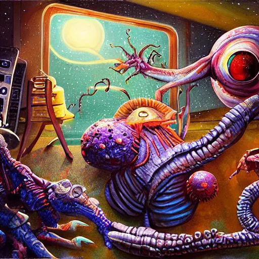 Prompt: rich extraterrestrial tyrant laying in bed, sexy aliens, servants, on ancient post - apocalyptic planet, jim henson creature shop, vivid and colorful, thomas kincaid, cinematic, oil painting, highly detailed, illustration