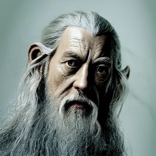 Image similar to a still from “ lord of the rings ” of a head and shoulders portrait of fei lung dressed like gandalf, photo by phil noto