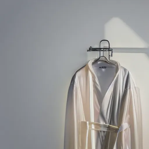 Image similar to an ultra high definition professional studio quality photograph of a transparent iridescent perspex pastel coloured robe and matching goggles on white coat hook in an empty white room. dramatic lighting, ray tracing, refraction, shallow d. o. f, colour corrected, golden ratio, three point light. volumetric shadows. god rays.