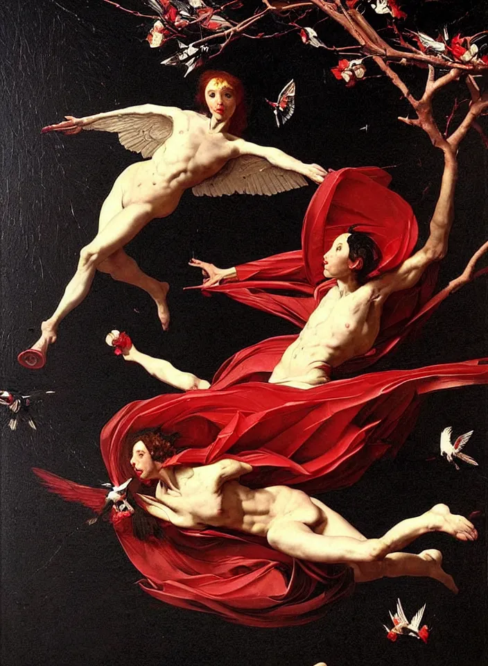 Prompt: black icarus in a red puffy dress with white wings stands on a liquid boiling red wax from which bones and branches stick out, many birds and black roses fly around, a dark background, full height view, wide angle, epic, oil painting in a renaissance style , very detailed, painted by Caravaggio, Greg rutkowski, Sachin Teng, Thomas Kindkade, Norman Rockwell, Tom Bagshaw.