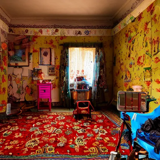 Image similar to A darkened kitsch-filled dusty parlor brightened and warmed by the morning sun, a small tattered Persian rug is on the floor, a little child\'s tricycle is parked in the corner of the room, cinematic, vignette, ultrarealistic, photograph