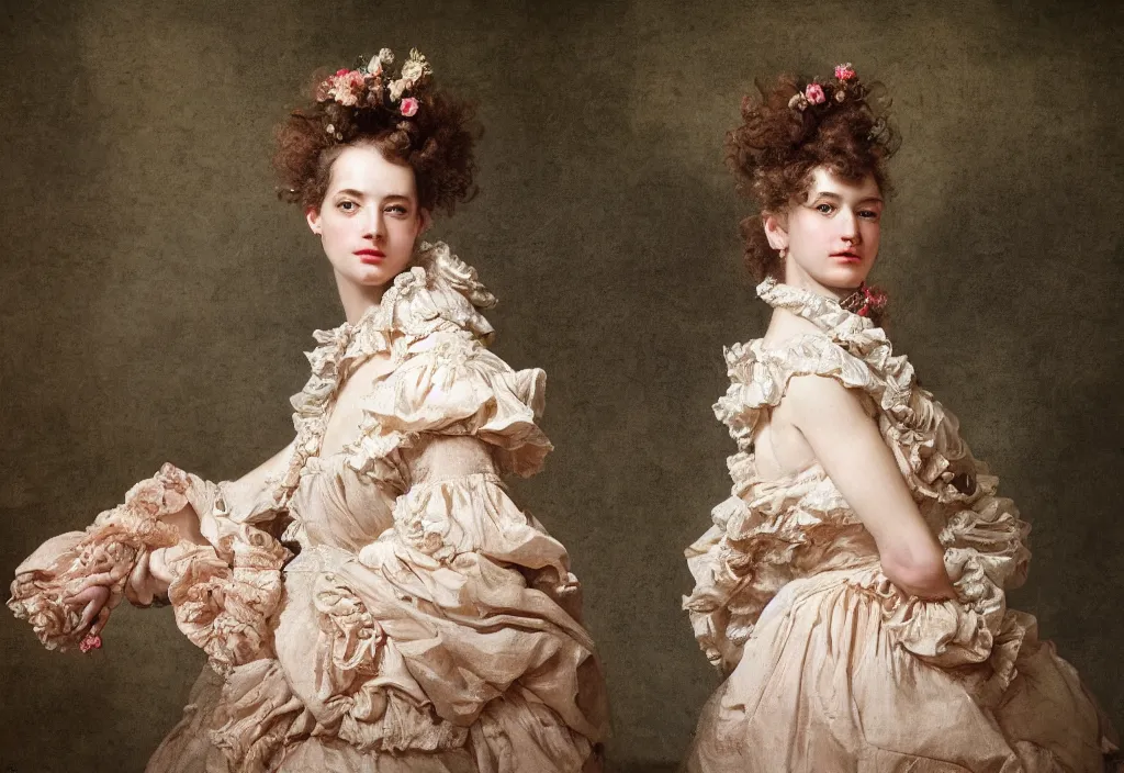Image similar to fashion editorial portrait by Jean-Honoré Fragonard. outdoor. highly detailed. 8k. depth of field. photography