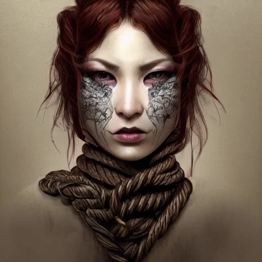 Image similar to portrait of a Shibari rope wrapped face and neck, headshot, insanely nice professional hair style, dramatic hair color, digital painting, of a old 13th century, traveler, amber jewels, baroque, ornate clothing, scifi, realistic, hyperdetailed, chiaroscuro, concept art, art by Franz Hals and Jon Foster and Ayami Kojima and Amano and Karol Bak,