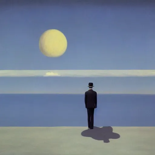 Prompt: lonely man in suit standing on the moon and looking at earth, by edward hopper, by rene magritte
