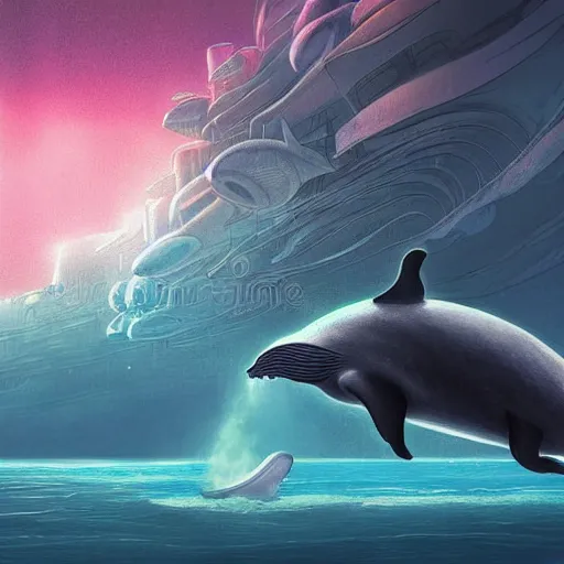 Image similar to a city under the ocean on an alien world, and a whale who feels disconnected from it wistfully watching a spaceship fly away, sci-fi digital art illustration,