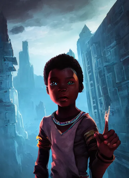 Image similar to An epic fantasy comic book style portrait painting of a small dark skinned boy thief, unreal 5, DAZ, hyperrealistic, octane render, cosplay, RPG portrait, dynamic lighting