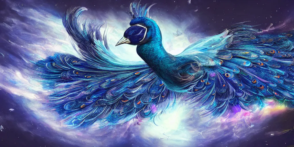 Prompt: giant, indigo peacock flying through a universe, concept art, 8k, illustration, fantasy art, epic scene