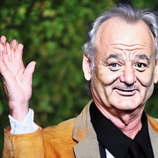 Image similar to bill murray, goofy smile, he is the leader of the rag tag misfit group, northwest coast gloom light, he is in disbelief when his doppelganger arrives, who is this man, monocle, willy wonka - style outfit, paparazzi photo