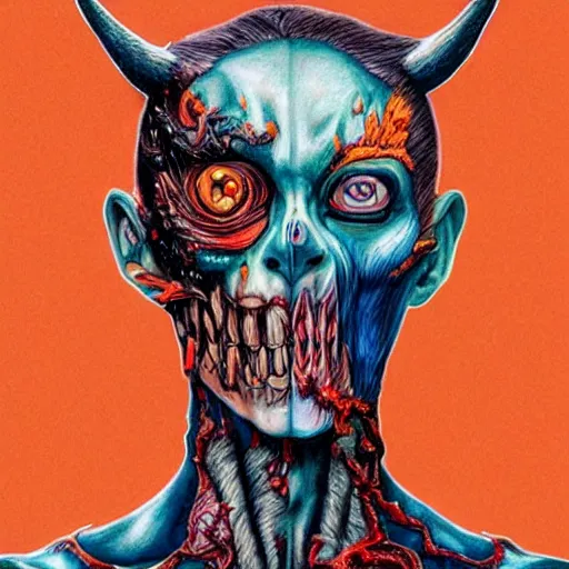 Image similar to hyper realistic colored pencil drawing of zombie wolverine, space background, unlimited detail, colored, space, dragon, intricate, detail, phoenix, orange by harumi hironaka-C 8