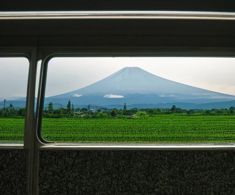 Image similar to a photo of mount fuji, japanese landscape, rice paddies, seen from a window of a train.