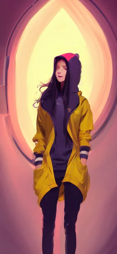 Image similar to a vtuber model concept art of a beautiful girl in a black and yellow hoodie typing in an iphone, full body art, artstation, digital art, smiling face, commission art, style by jordan grimmer and greg rutkowski, 4 k resolution