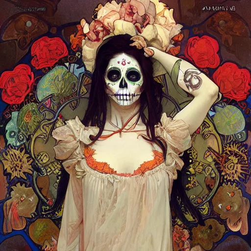 Image similar to realistic detailed painting of a cute Día de los Muertos girl by Alphonse Mucha Ayami Kojima Amano Charlie Bowater HR Giger, masterpiece