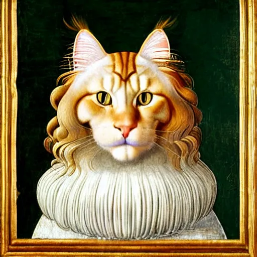 Image similar to beautiful renaissance painting portrait of ginger maine coon with white beard by sandro botticelli, jan van eyck, tiziano vecelli, piero della francesca