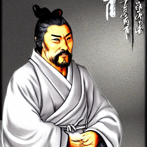Prompt: Miyamoto Musashi, 55 years old, wearing a white robe, grey beard, digital art