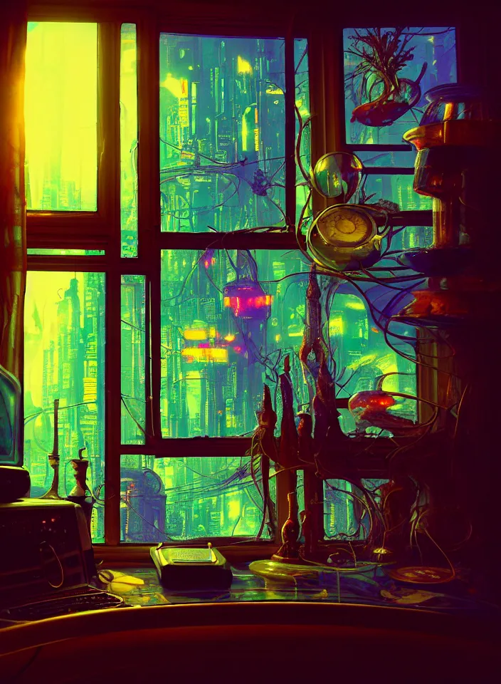 Image similar to telephoto 7 0 mm f / 2. 8 iso 2 0 0 photograph depicting the feeling of chrysalism in a cosy cluttered french sci - fi ( ( art nouveau ) ) cyberpunk apartment in a dreamstate art cinema style. ( ( computer screens, window rain, lava lamp, sink ( ( ( fish tank ) ) ) ) ), ambient light.