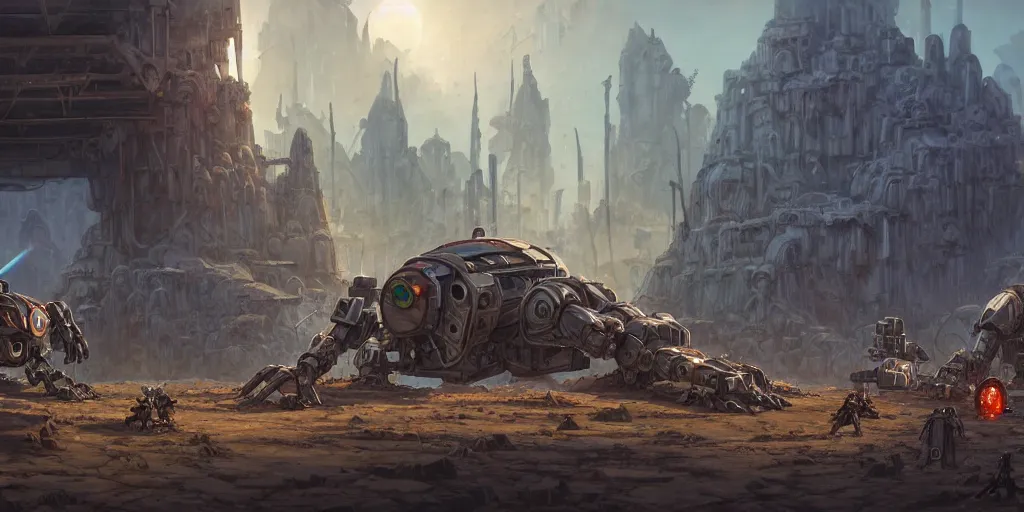 Image similar to mecha creatures in a merchant town, tents, matte oil painting, retrofuturistic, concept art, quarrying, science fantasy, mutant, lgbt, queer, rpg, epic, rusted, white salt, badlands, jungles, dungeons & dragons, sacred, sharp focus, award - winning, extremely detailed, 4 k, 8 k