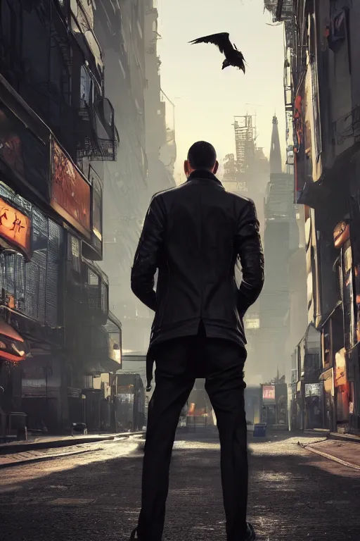 Prompt: in the foreground a Parisian street, in the background a dark-haired man from behind wearing a long matrix style jacket and starting to fly away, realistic, high definition, great detail, dramatic scene, detailed and realistic hands, symmetrical face, realistic eyes, cyberpunk art 2077