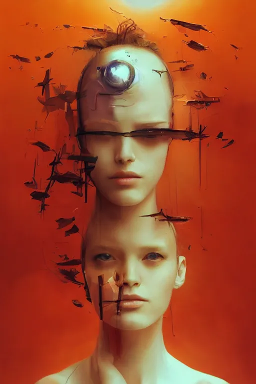 Prompt: 3 d, sci - fi, morning, happy fashion model face, sun, cinematic, lightning, clouds, vogue cover style, stanley kubrick, light red and deep orange mood, realistic painting, intricate oil painting, high detail, figurative art, multiple exposure, poster art, 3 d, by tooth wu and wlop and beeple and greg rutkowski