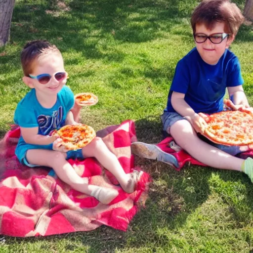 Image similar to gabriel and dresden eating pizza, outside park, sunny day, kids playing