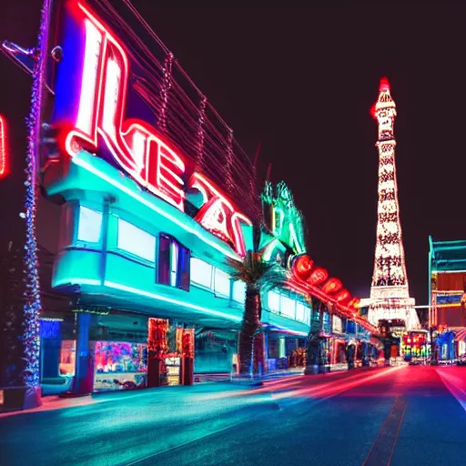 Prompt: 4k Street view of a city of blue neon lights in the style of Las Vegas, Pexels stock photograph