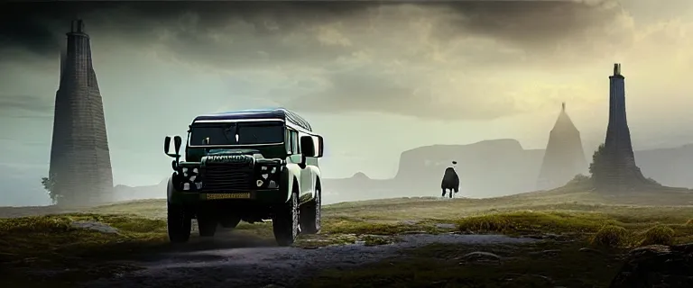 Image similar to Land Rover Defender 110 (1985), an epic fantasy, dramatic lighting, cinematic, establishing shot, extremely high detail, photorealistic, cinematic lighting, artstation, by simon stalenhag, The Elder Scrolls IV: Oblivion, Green Cyrodiil plains, Imperial City with the Adamantine Tower in the middle in the distance, Adamantine Tower in the distance, at day