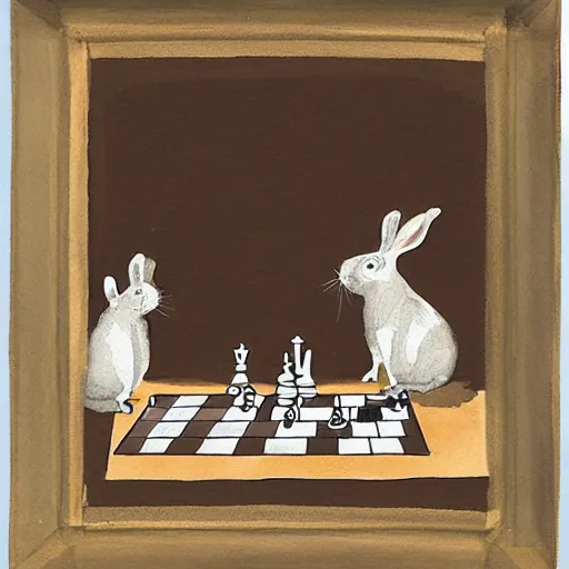 Image similar to a guinea pig and a rabbit playing chess in a cathedral, watercolour