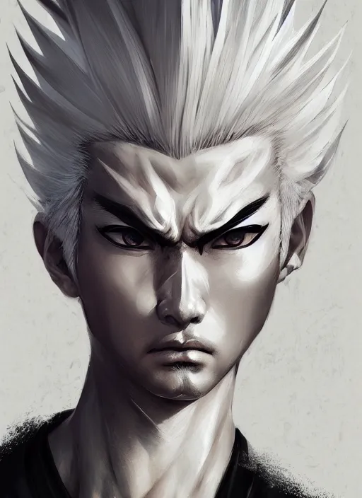 Image similar to a highly detailed illustration of fierce white haired attractive young japanese man wearing white hakama, black eyes, dramatic serious pose, muscular, intricate, elegant, highly detailed, centered, digital painting, artstation, concept art, smooth, sharp focus, league of legends concept art, wlop