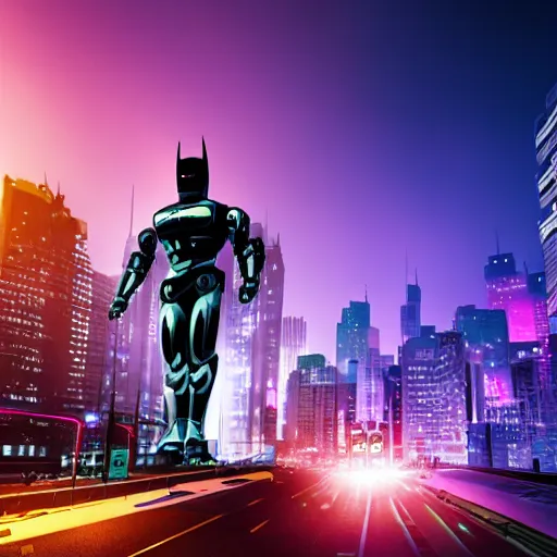 Image similar to huge robot batman on a city in midnight, glow wave