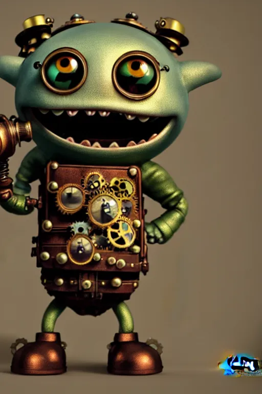 Prompt: a tiny cute steampunk monster with big eyes smiling waving, back view, isometric 3 d, ultra hd, character design by mark ryden pixar hayao miyazaki, unreal 5, daz, hyperrealistic, octane render, cosplay, rpg portrait, dynamic lighting, intricate detail, summer vibrancy, cinematic, centered