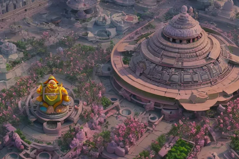 Image similar to beautiful futuristic new delhi, sci - fi ganesha!! building, kalighat flowers, octane highly detailed cinematic, stephen shore & john j. park, soft morning light, wide shot, aerial shot, uhd 8 k, shallow depth of field