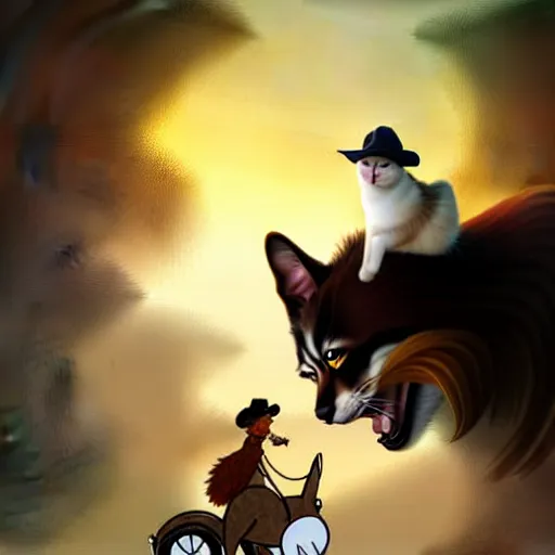 Image similar to fluffy cat in cowboy hat like a tiny girl riding on the back of a giant corgi, by greg rutkowski